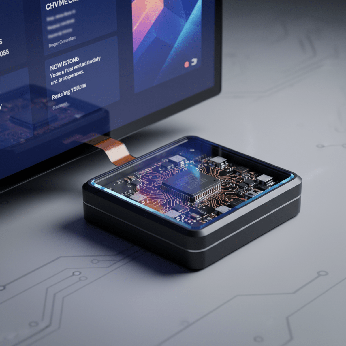 Compact single board PC in elegant matte black housing connected to a retail kiosk display.