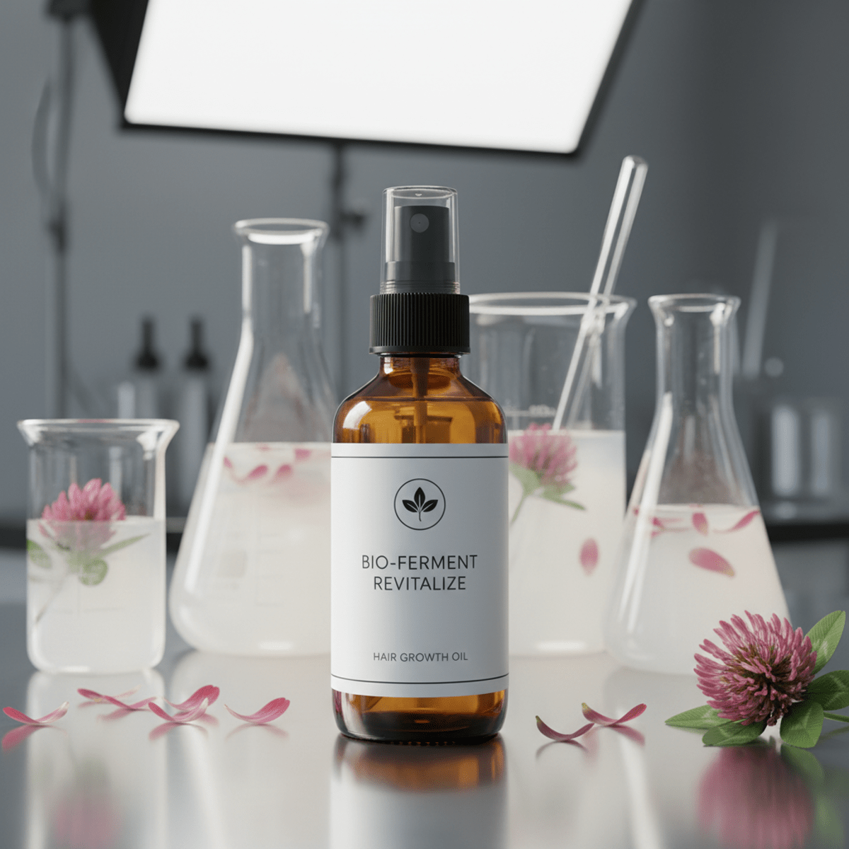 Hair growth oil spray in a glass bottle with rice water and clover petals.