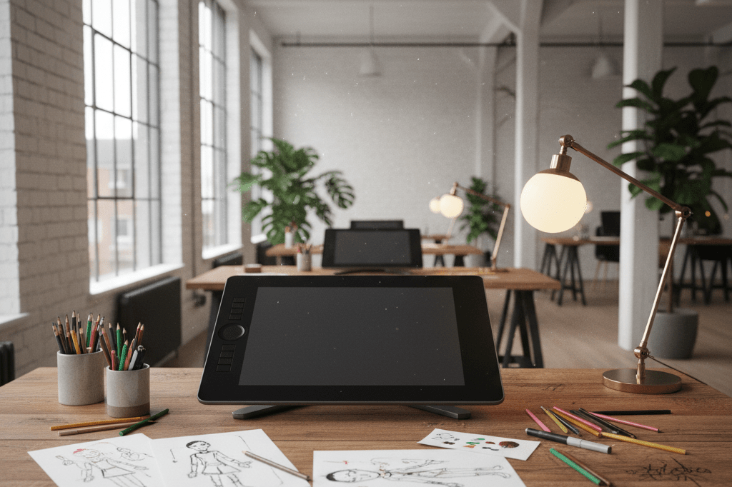 Wide shot of a desk with creative tools under natural light, symbolizing Irish screen industry talent and innovation