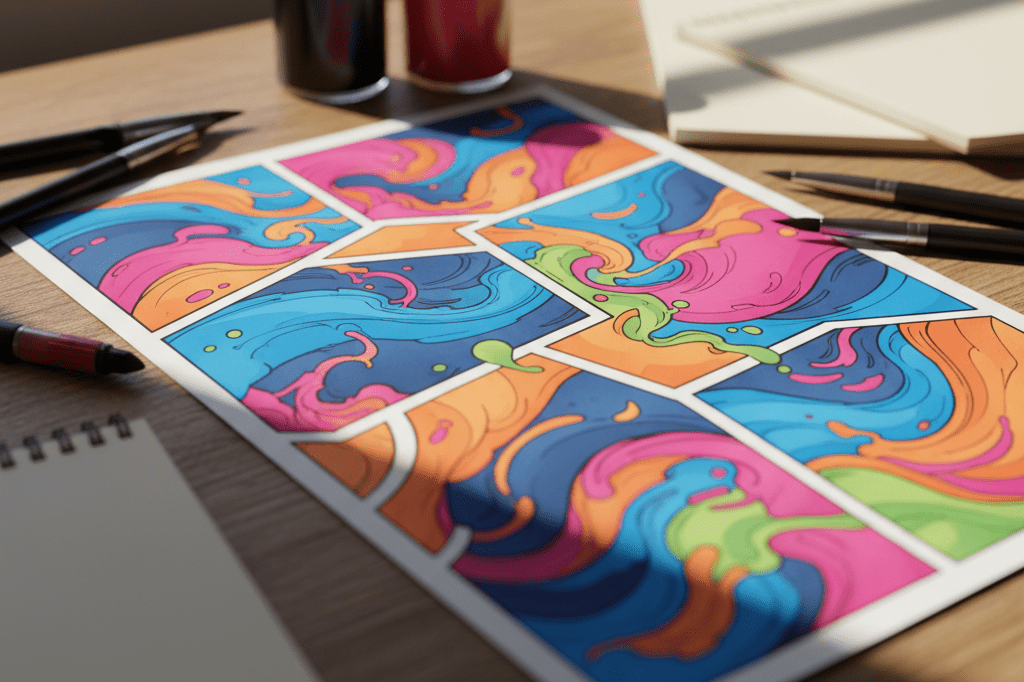 Detailed view of an abstract comic book page featuring irregular panels and vibrant colors under natural light