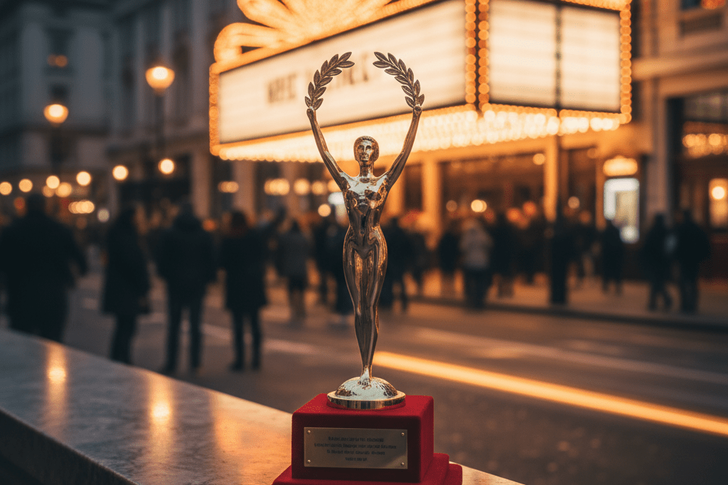 Generic golden trophy on velvet stand outside theater, blurred crowd, warm lights, symbolizing award success