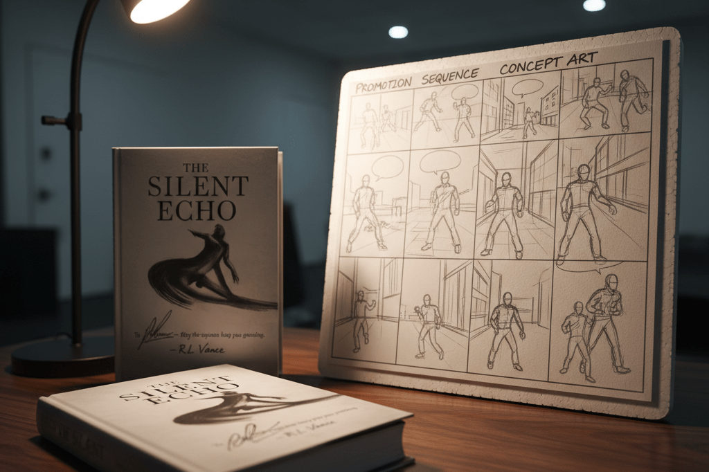 Close-up of a desk with thriller book and storyboard sketches under warm ambient light, representing strategic entertainment marketing