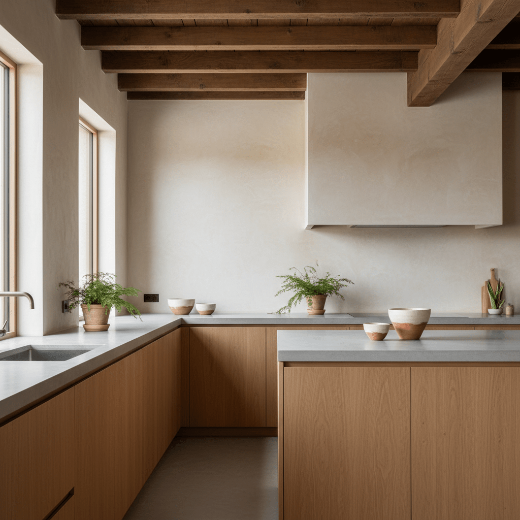Modern kitchen with honey-toned oak, concrete counters, and textured plaster walls.