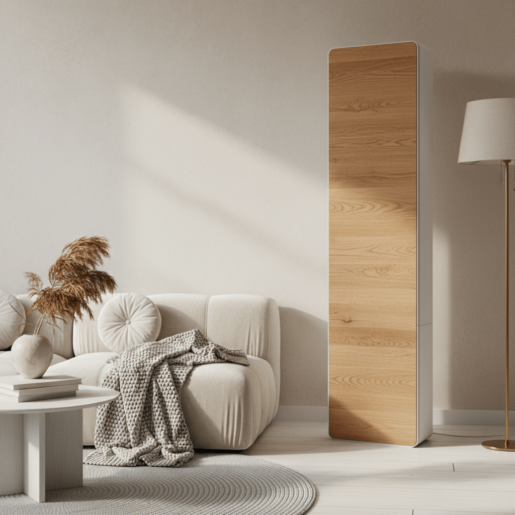 Sleek air conditioner with natural oak panel in a modern, minimalist living room.