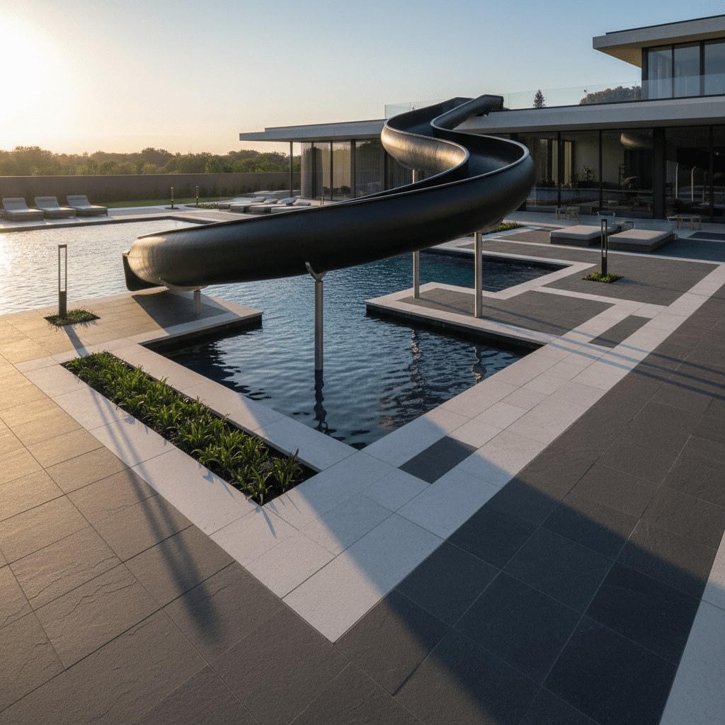 Matte black composite pool slide hovers above a modern deck with natural stone tiles.