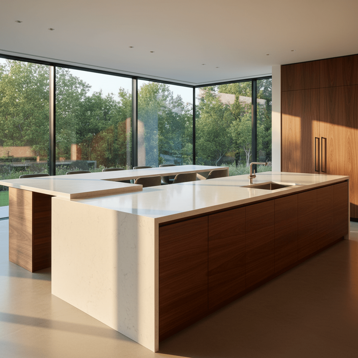 Modern kitchen island with dark walnut base and white quartzite, curved seating.