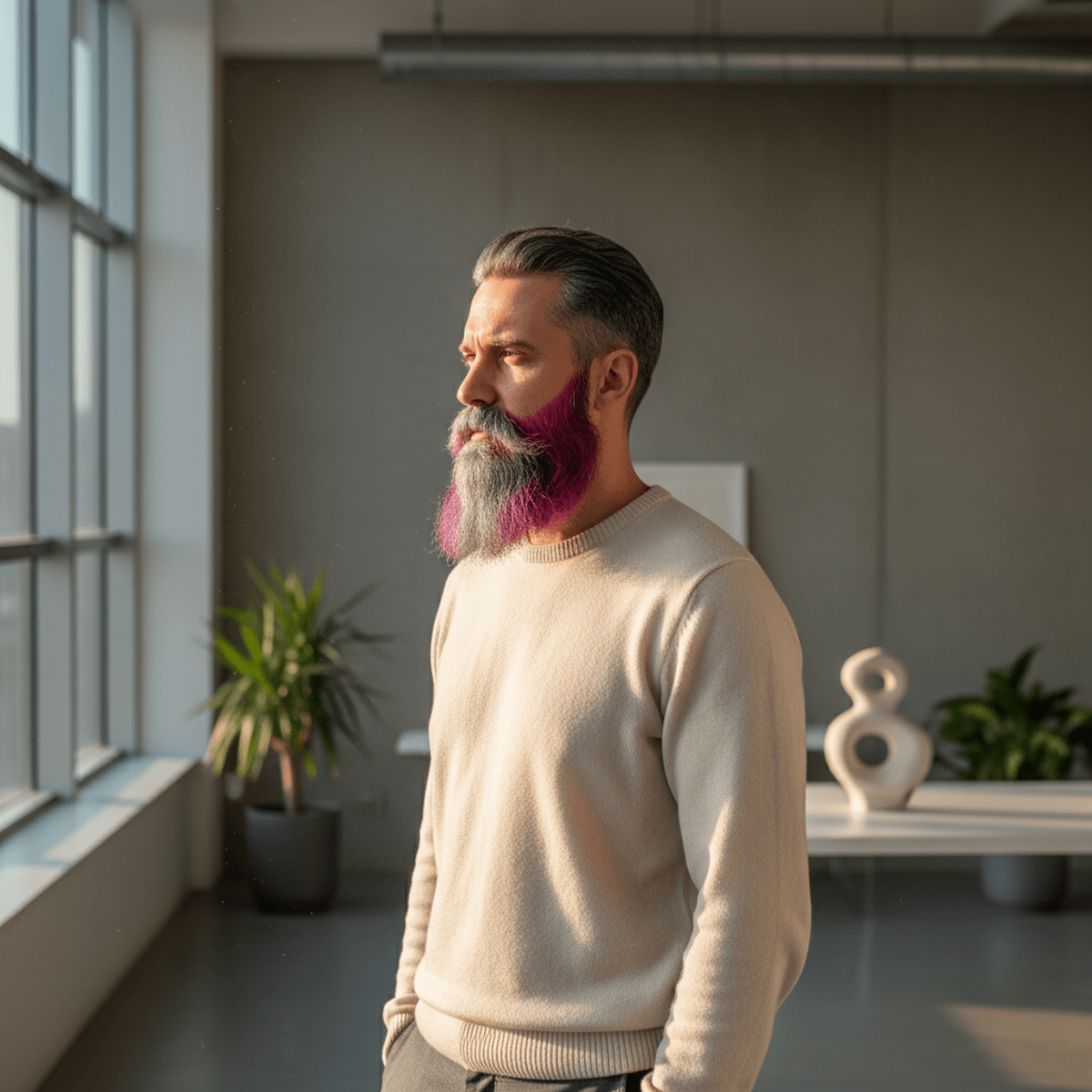 Creative professional with metallic and magenta hair dye in a minimalist studio.