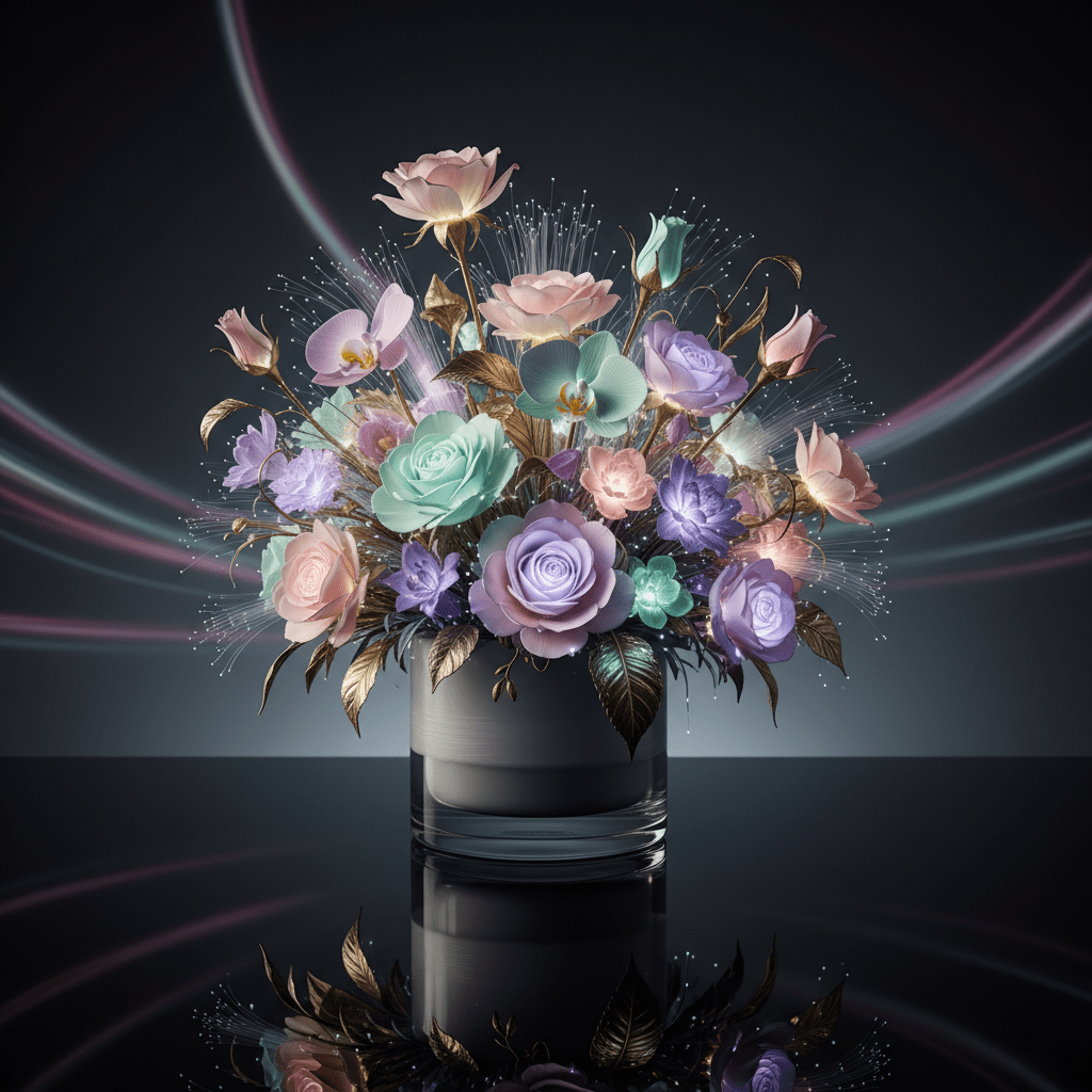 Futuristic flowers with glowing micro-LED filaments in a sleek glass vase.