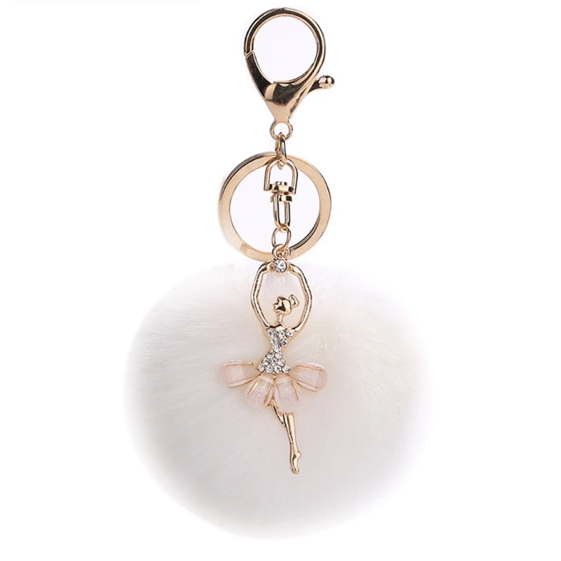 Брелок для ключей с помпоном из искусственного меха, плюшевый шарик с блестящими стразами, подвеска в виде танцовщицы балета, шарм, сумка, ювелирный брелок