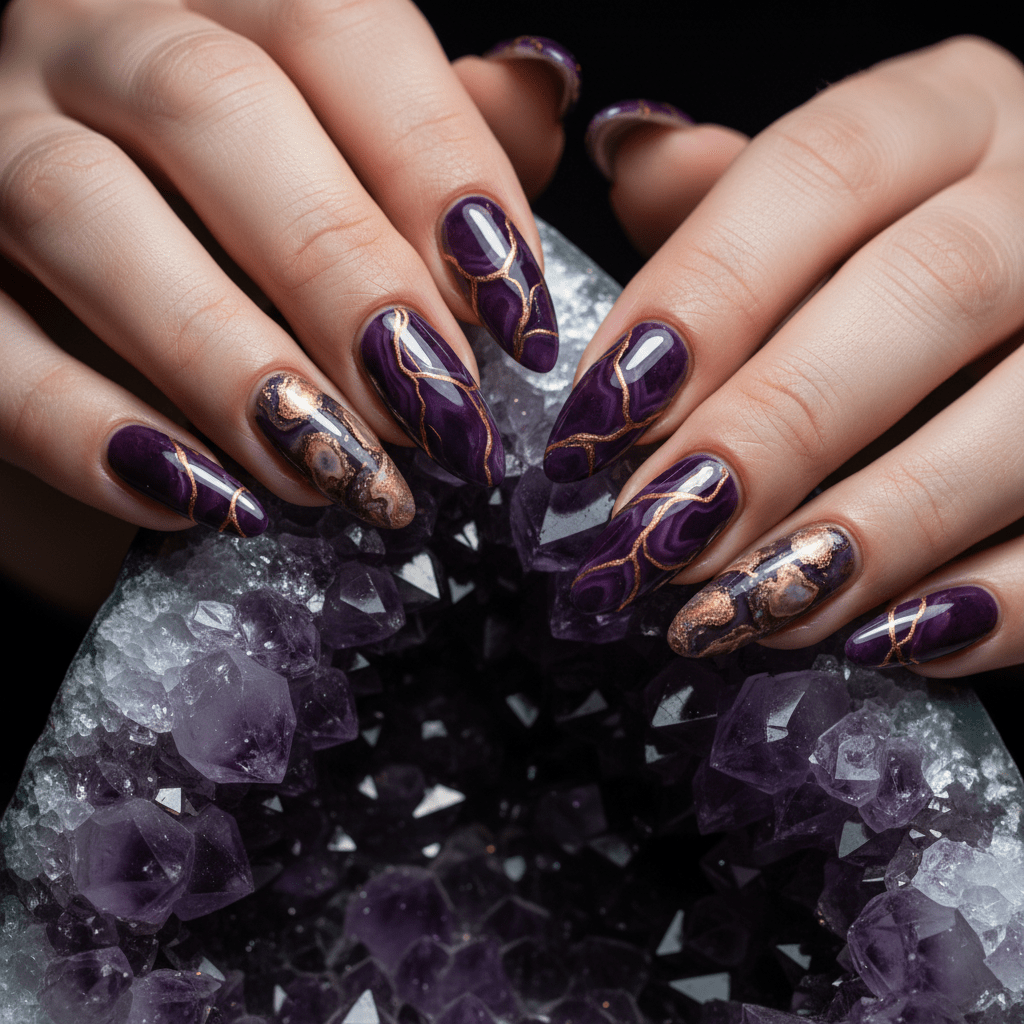 Macro shot of purple agate-patterned nails with gold lines on mineral specimen.