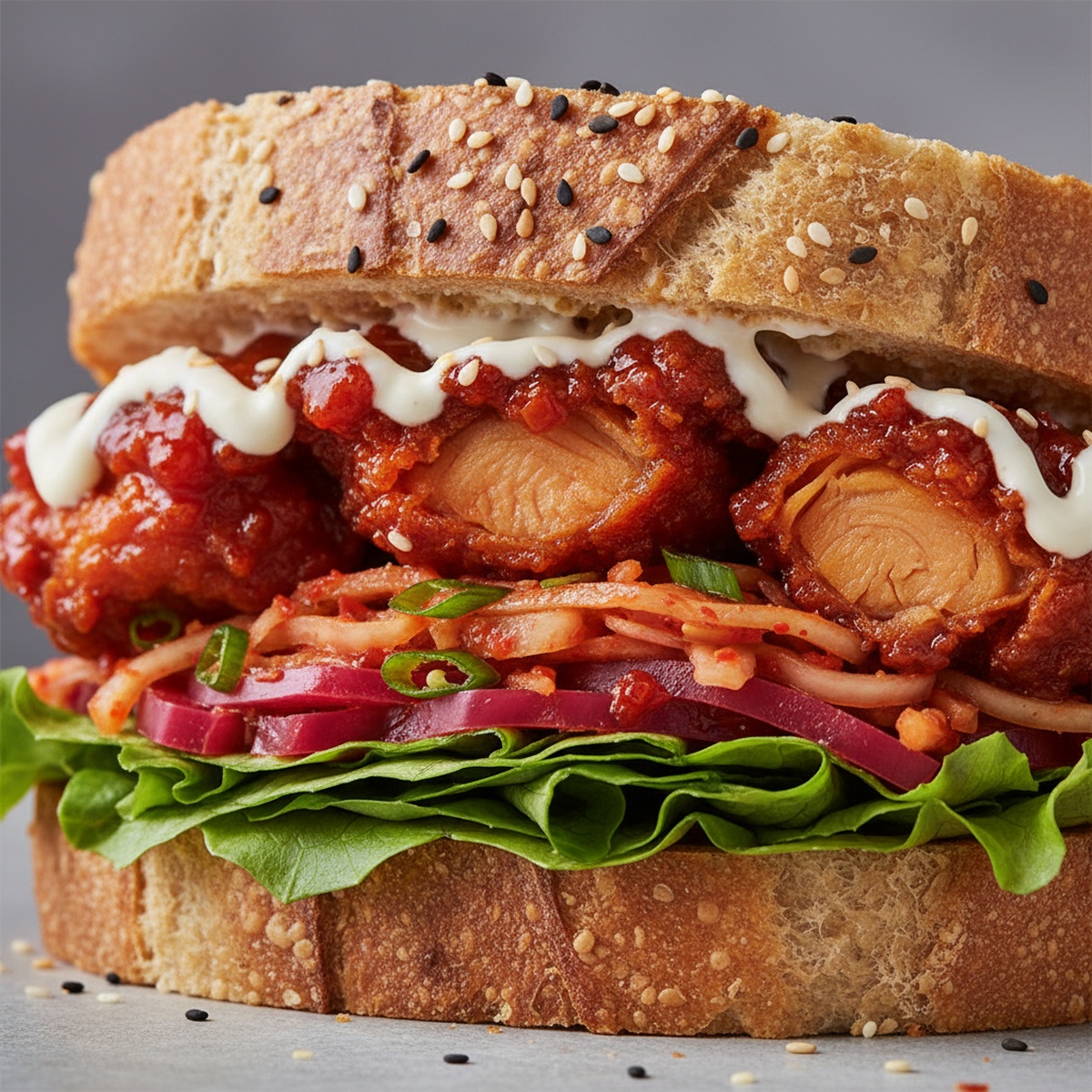 Cross-section of spicy Korean fried chicken sandwich with kimchi and crisp lettuce.