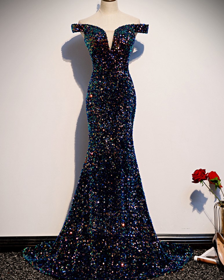 Одно плечо вечернее платье банкет длинный стиль темперамент рыбий хвост красочные блестки встречи хост