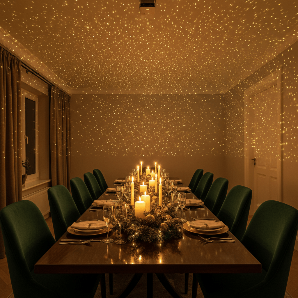 Upscale holiday dining room illuminated by golden starry sky effect from projector.