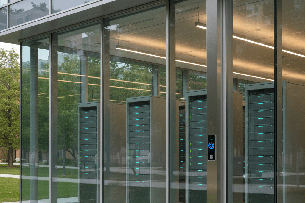 Medium shot of a neutral, unbranded data center building with visible secure access and interior server racks under natural overcast light