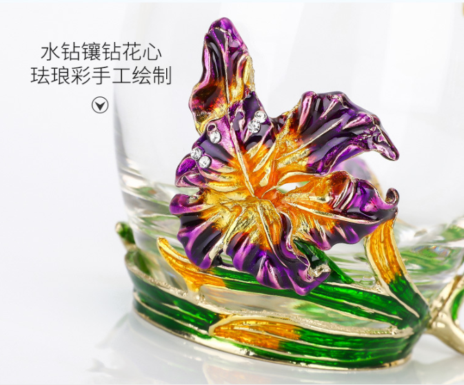 Heat Resistant Embossed Luxury Enamel Crystal Flower Brew Peach Blossom Metal Handle Violet Glass Tea Romantic Iris Cup For Lady