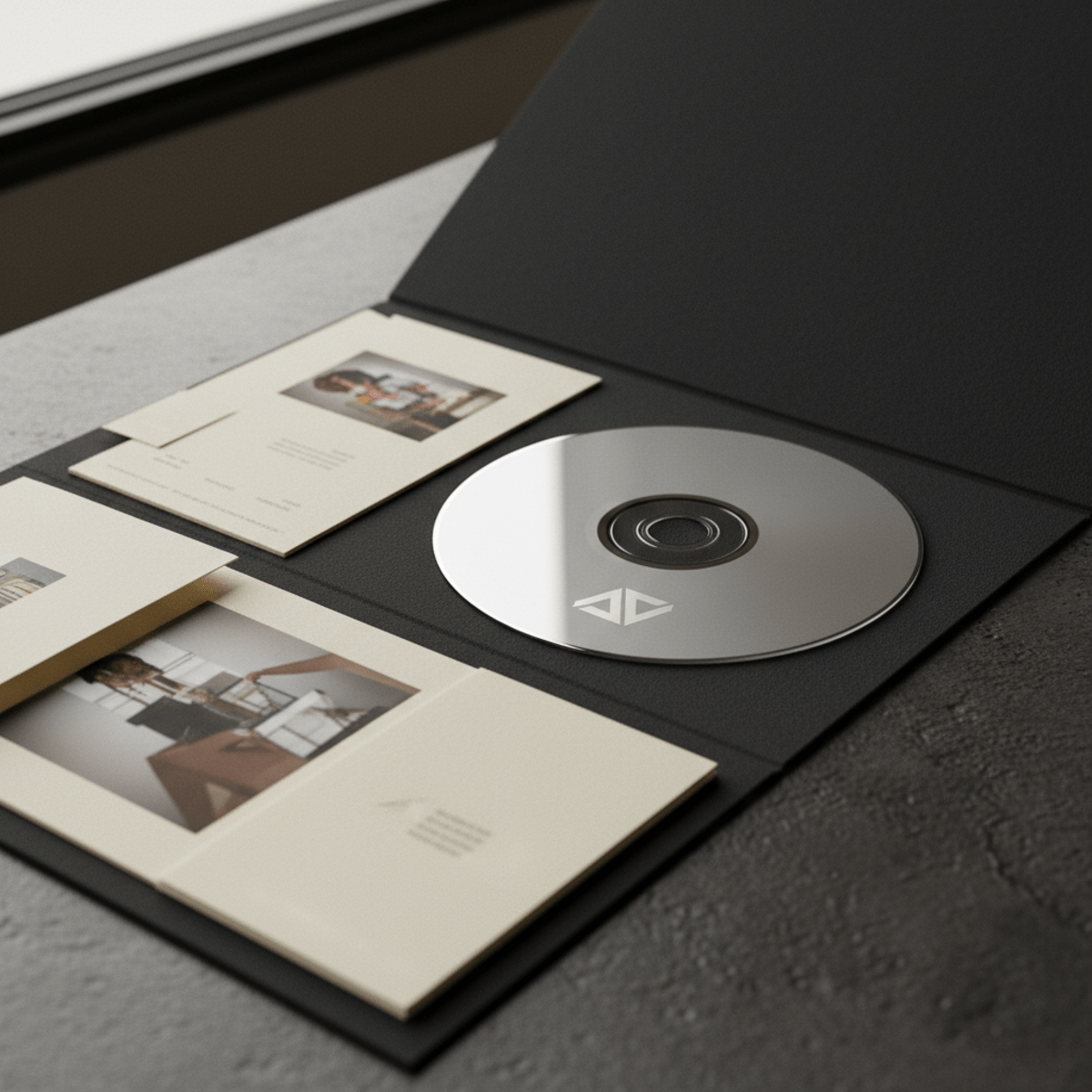 Custom printed CD with embossed geometric logo in presentation folder.
