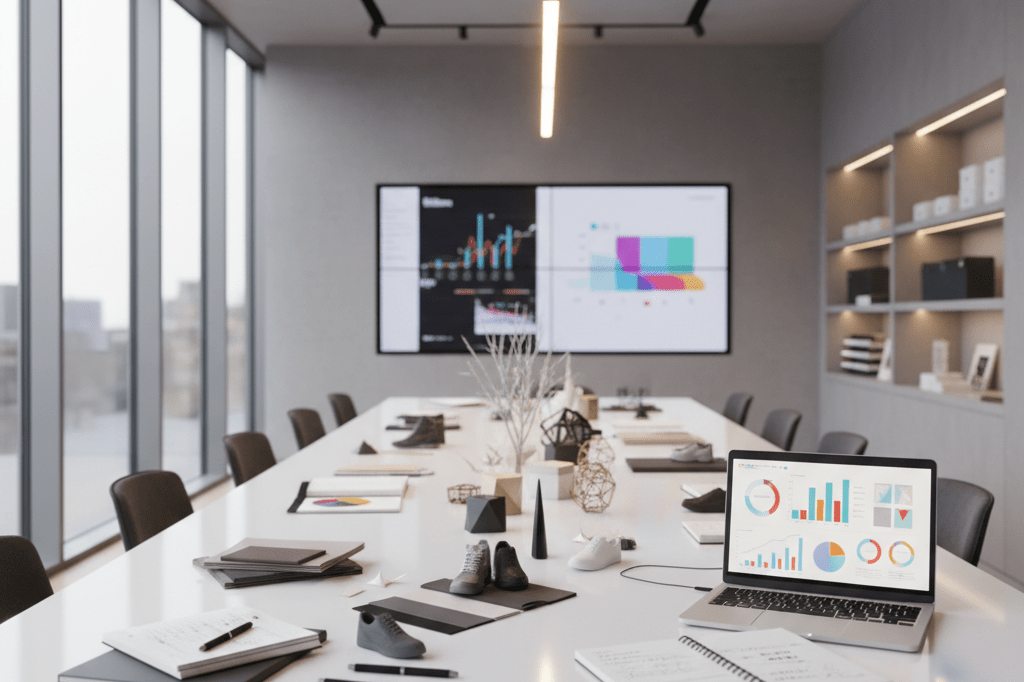 Wide shot of a retail planning setup featuring seasonal product samples, graphs, and notebooks under soft natural and ambient lighting