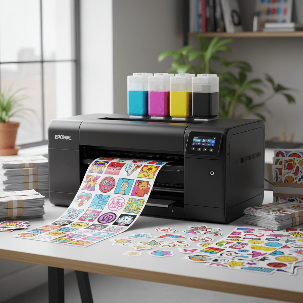 Professional sticker printer with matte black body and large ink tanks in a studio.