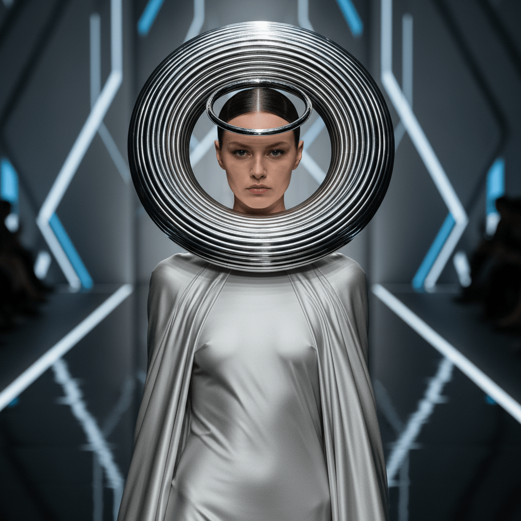 Model with futuristic bagel head design and chrome halo on a glossy black runway.