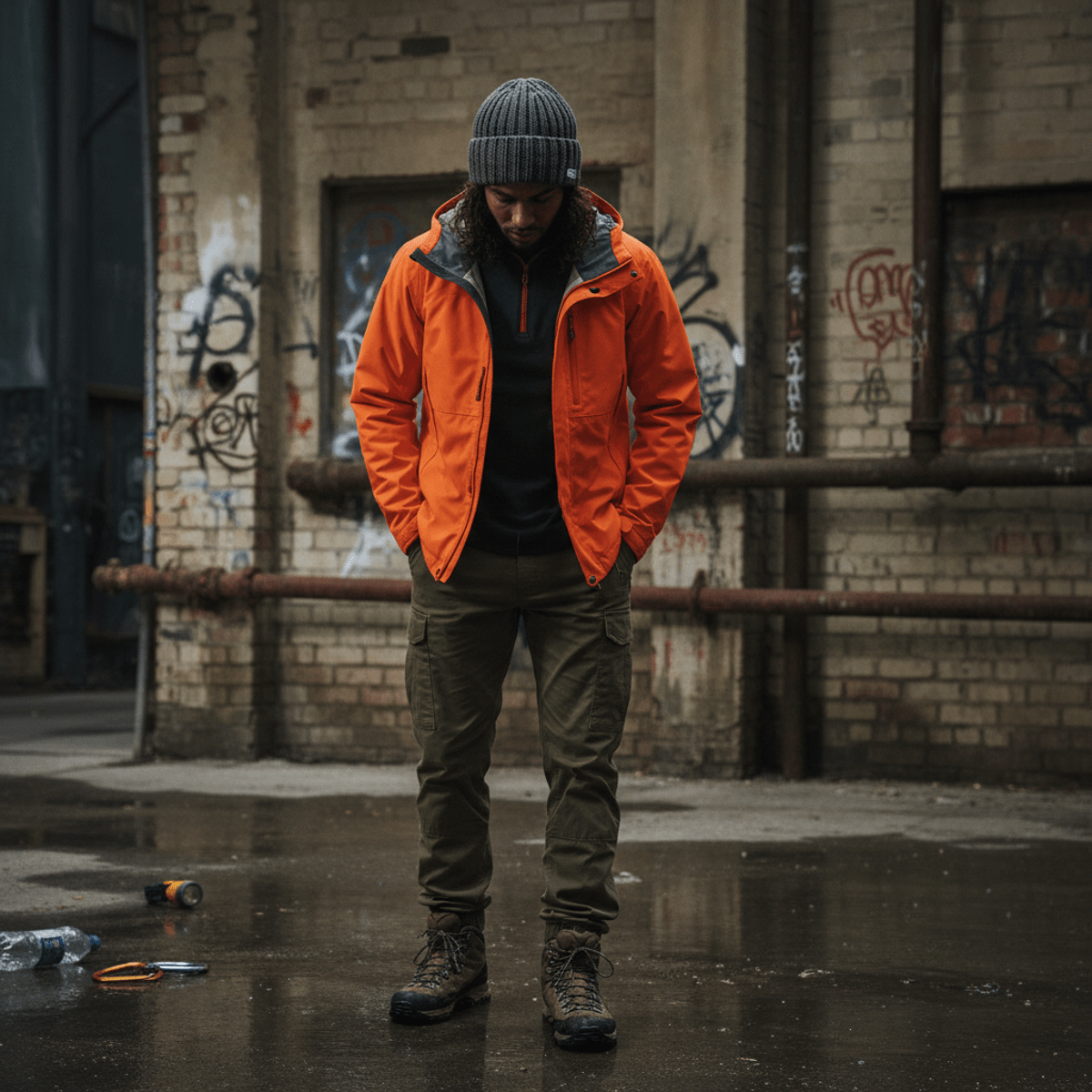 Chunky charcoal ribbed-knit beanie with neon orange jacket and olive cargo pants.