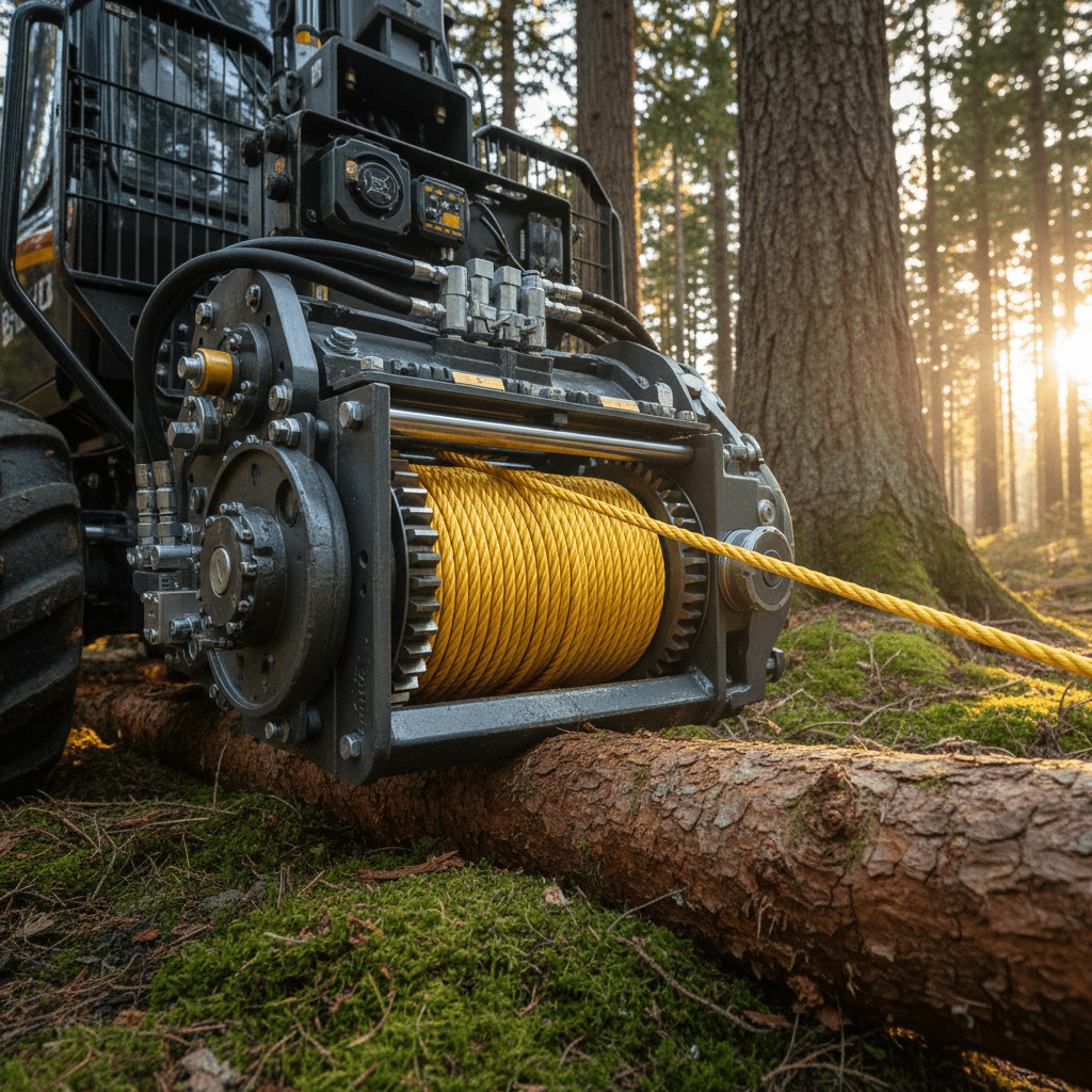 Hydraulic winch on forestry machine pulling a log through mossy terrain.