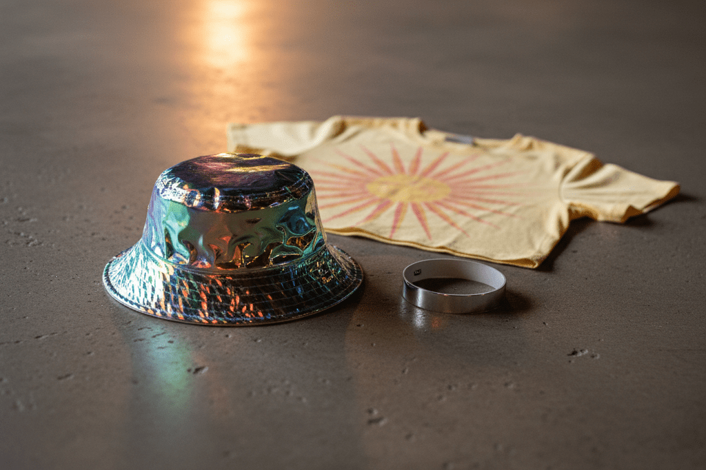 Medium shot of holographic bucket hat, retro graphic tee, and reflective wristband on concrete surface under warm ambient light