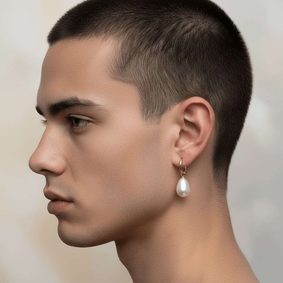 Young man with buzz cut wearing a single pearl drop earring, highlighted by studio lighting.