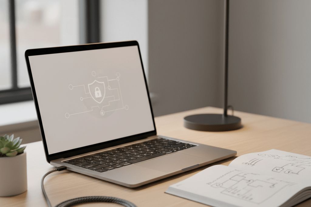 Medium shot of a clean desk with laptop displaying blurred security interface and notebook with abstract network sketches under natural and warm ambient light
