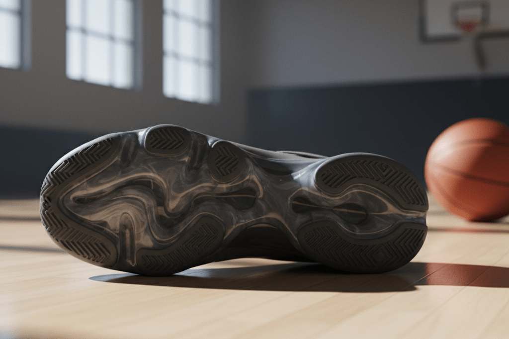 High-performance sneaker sole with liquid-inspired textures resting on a polished gym floor, illuminated by natural light, evoking cutting-edge footwear innovation