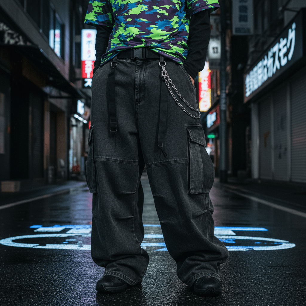 Y2K streetwear: baggy cargo pants and digital camo jersey in a rainy alley.