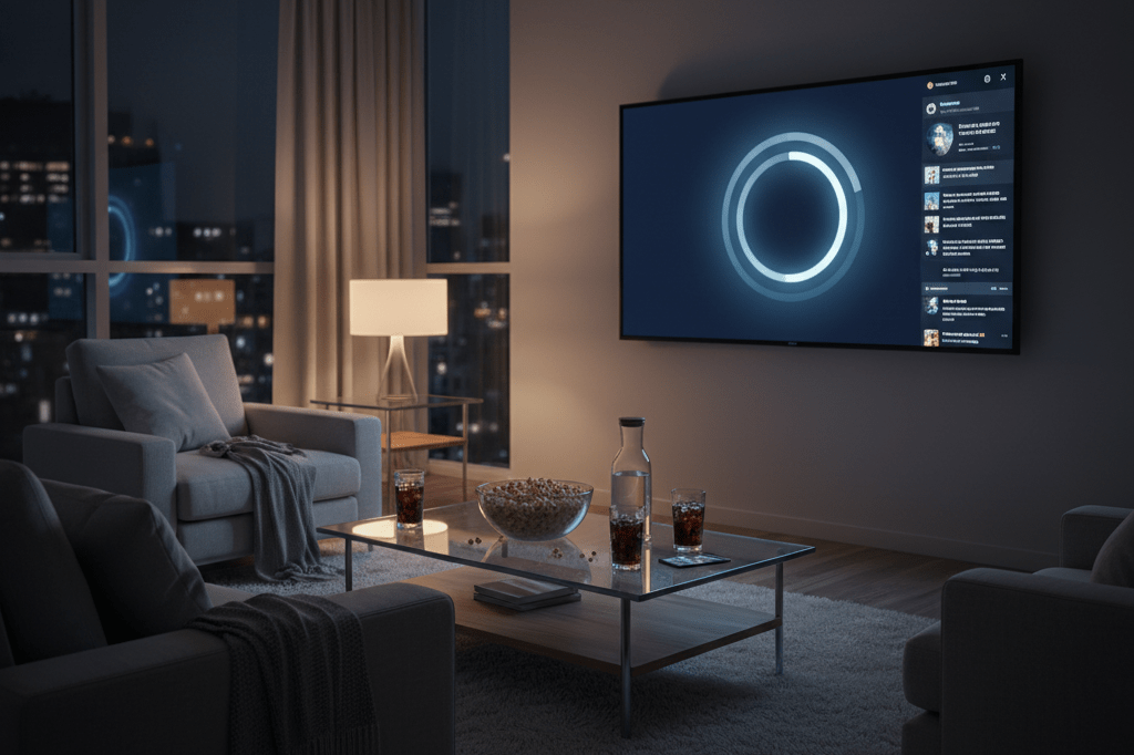 Living room setup featuring a smart TV and snacks under warm ambient lighting, symbolizing entertainment engagement