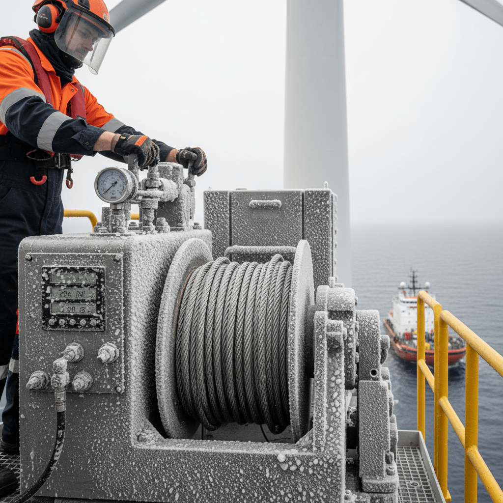 Close-up of hydraulic winch system on offshore wind turbine with salt crystals.