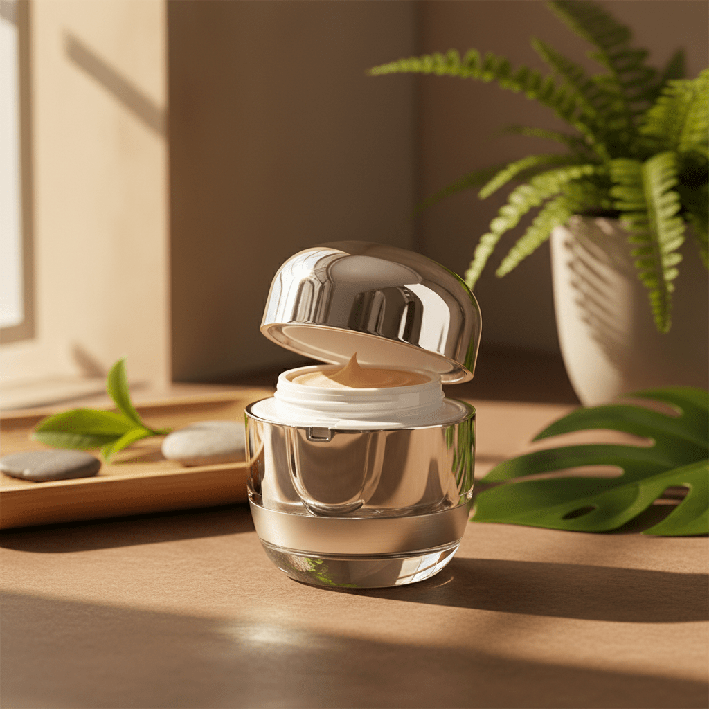 Elegant Korean CC cream refillable package with sustainable beauty props.