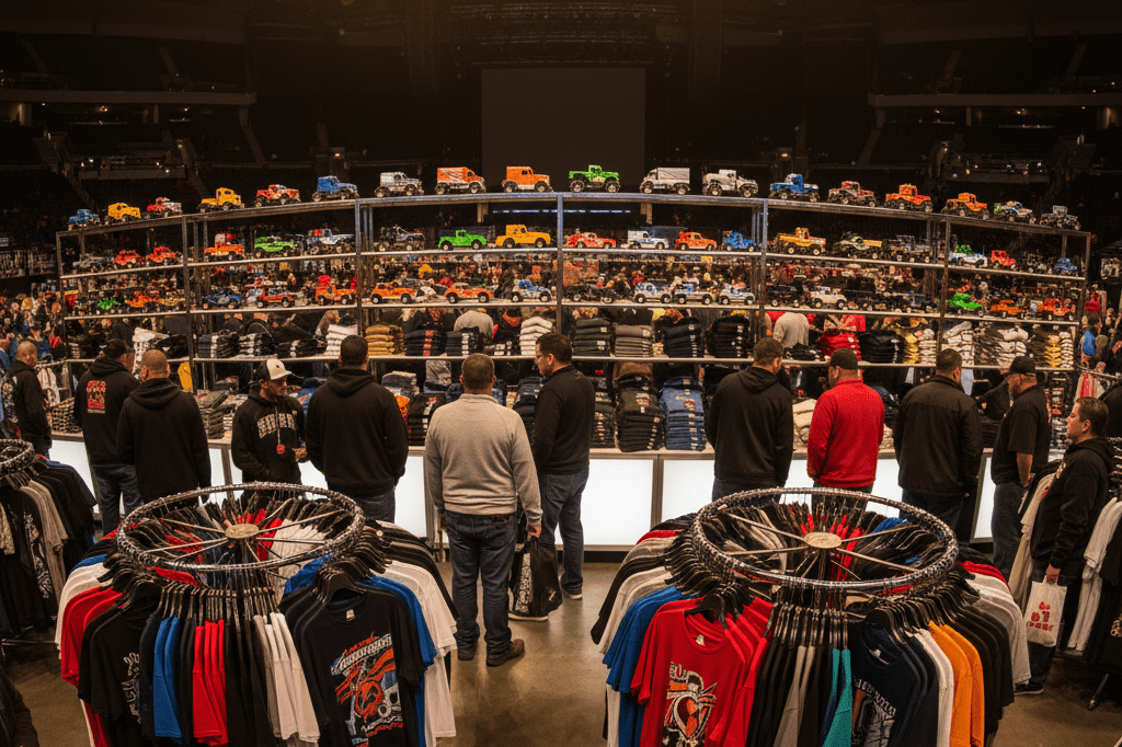 Wide shot of shoppers browsing merchandise at an indoor arena booth under ambient lighting