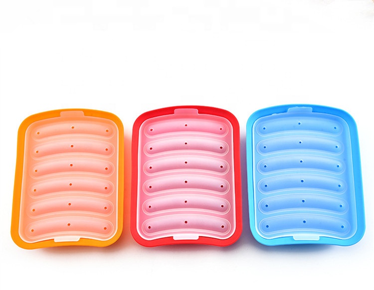 Amazon Venda Quente de Alta Qualidade 6 Cavidades Molde Cão Quente-Soft Silicone Bandeja de Cubos de Gelo com tampa