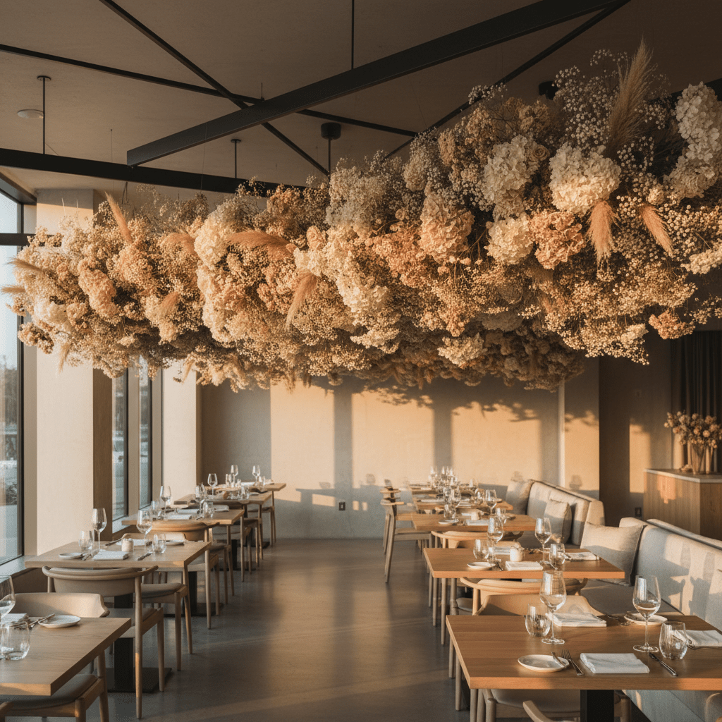 A dreamy flower canopy of gypsophila, hydrangeas, and pampas grass in a modern restaurant.