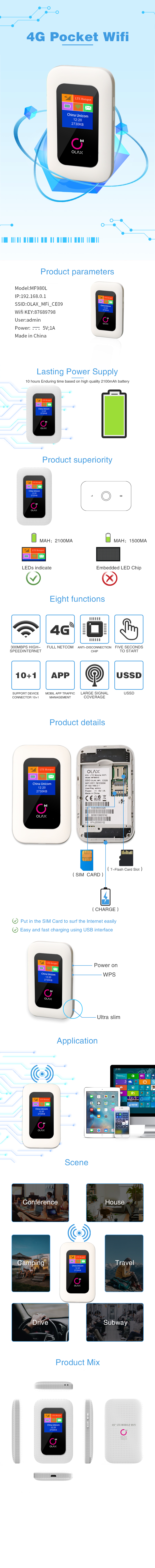 OLAX MF980L 4G 150Mbps WIFI Router Hotspot Mifis with LCD Support B1 B3 B5 B8 B38 B40 B41 Similar to ZTE MF923