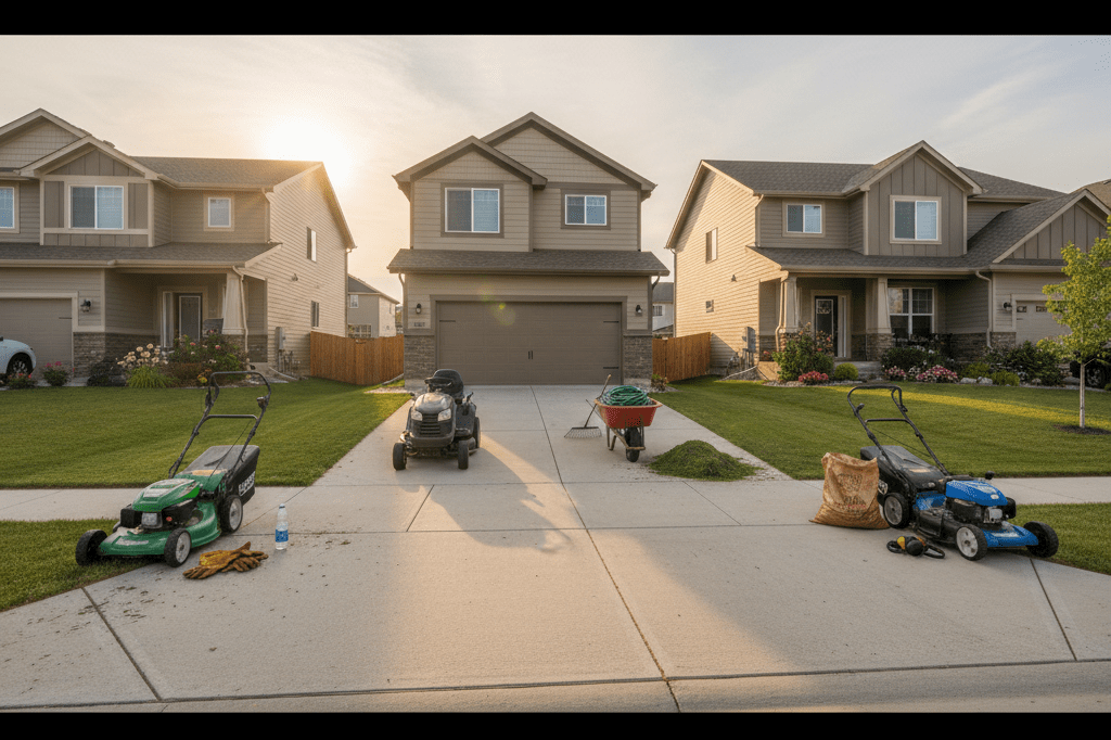 Wide-angle view of suburban homes with mowed lawns and gardening tools scattered around, showcasing synchronized community effort