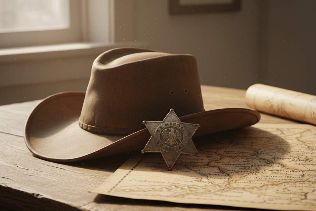 Rustic desk with cowboy hat and marshal badge under natural light, symbolizing brand evolution