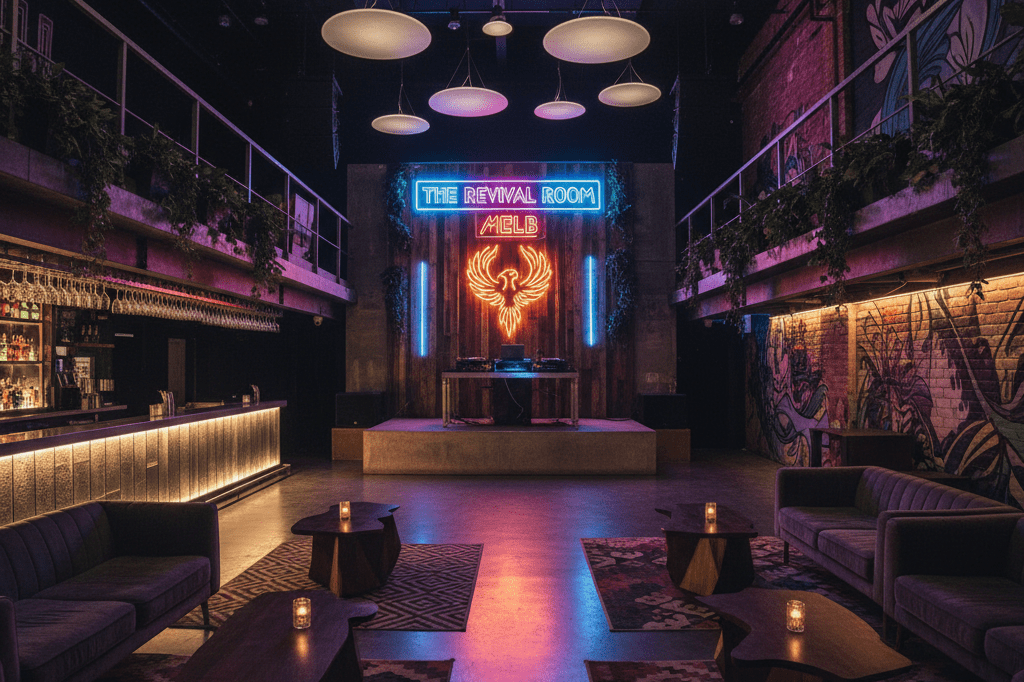 Wide shot of a lively Melbourne nightclub interior under ambient neon lighting, highlighting disaster recovery planning success