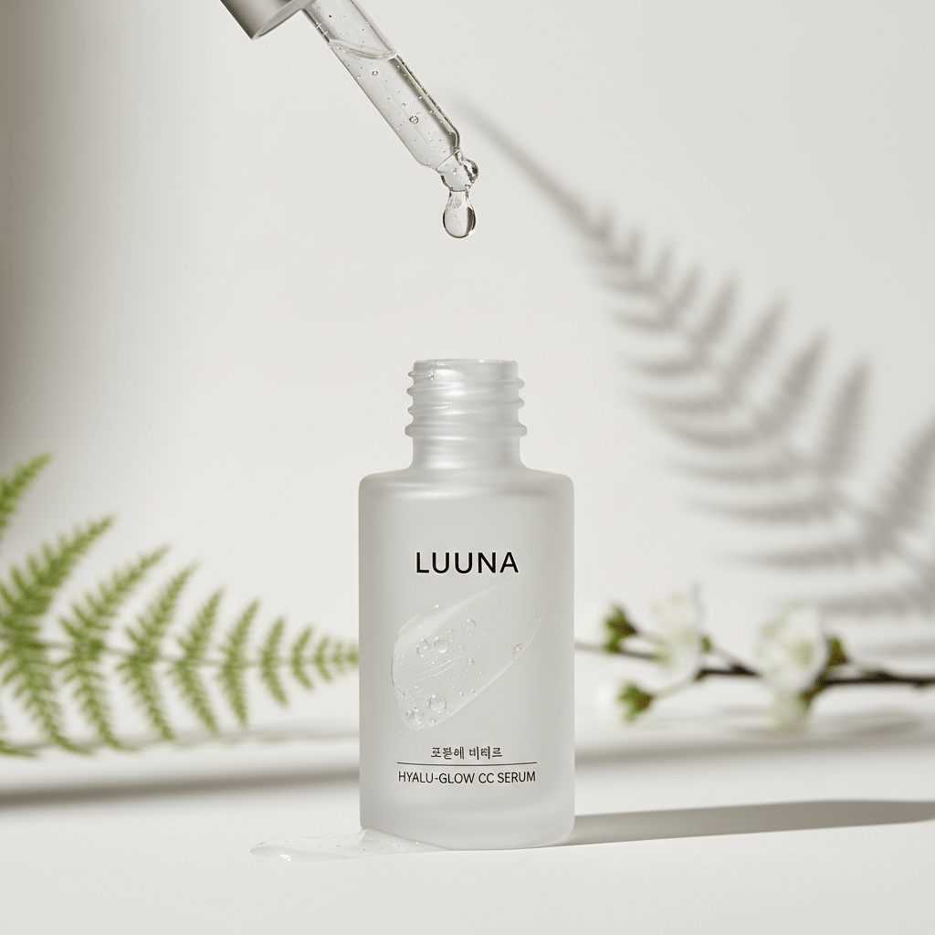 Close-up of cc cream texture with a drop of serum suspended mid-air on skin.