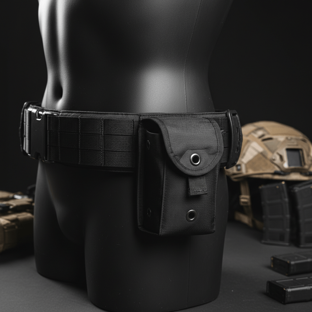 Close-up of a futuristic battle belt with a compact, stowed dump pouch.