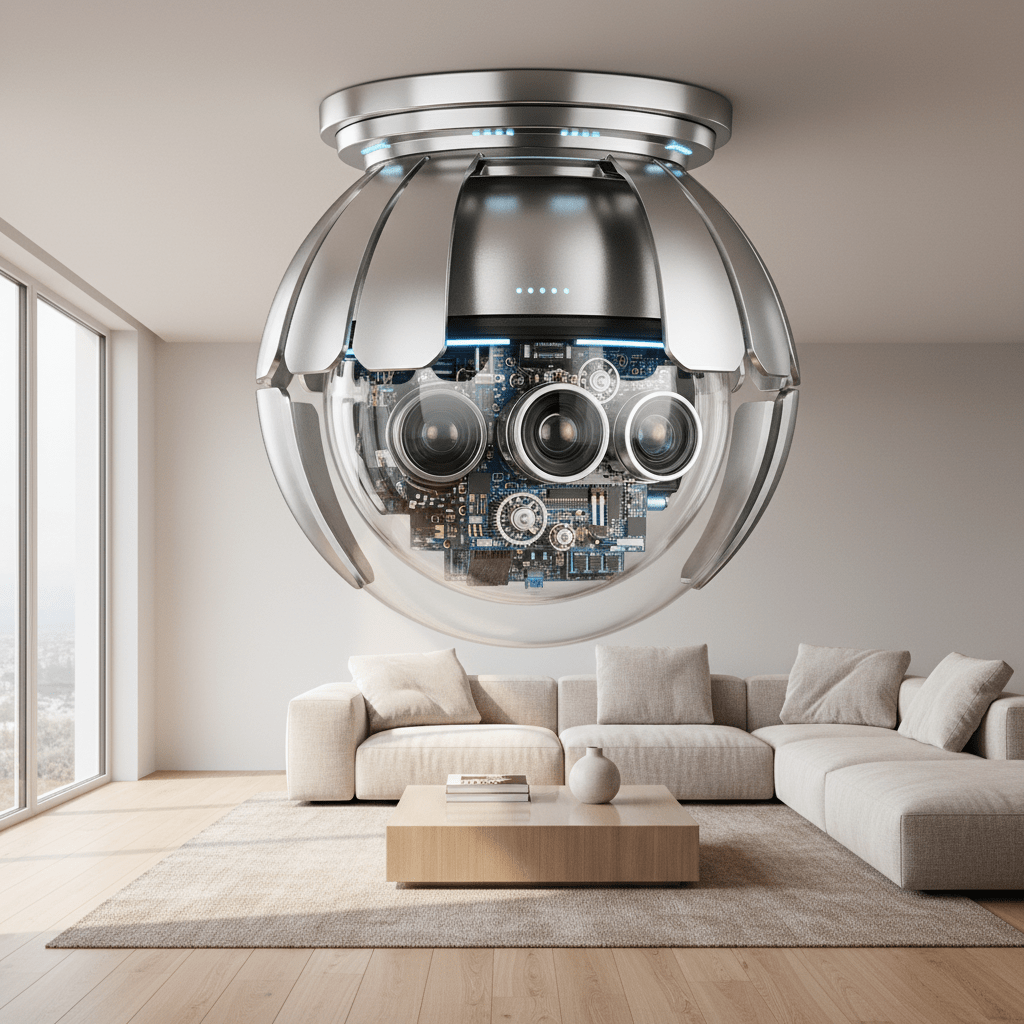 Futuristic security camera with mechanical lens shutters in a modern living room.