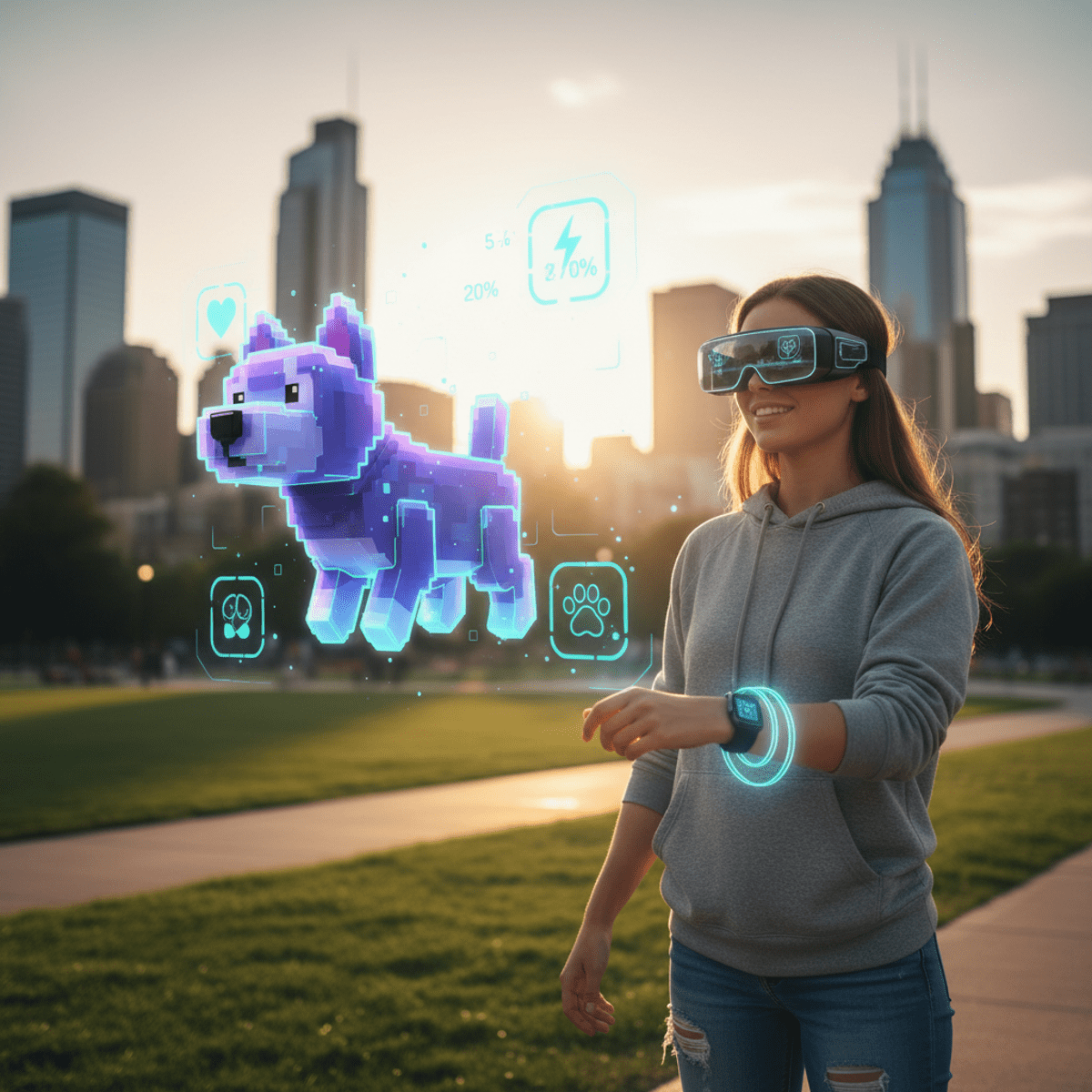 AR virtual pet meets retro pixel art in a modern park setting. Nostalgic pixel pet in AR glasses, tracking wellness in a sunlit park.