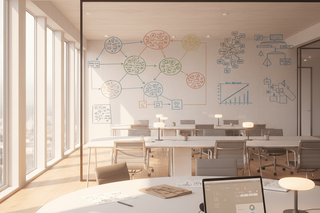 Modern office setup showcasing mind maps, sketchpads, and data screens under natural light, promoting unconventional problem-solving approaches