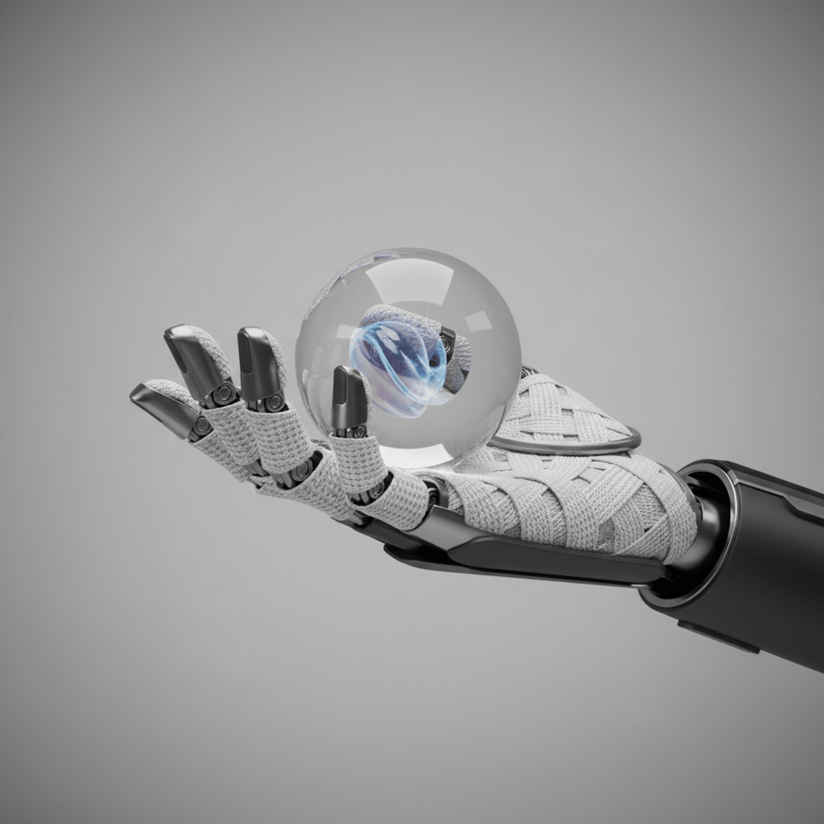 Futuristic robot hand with dyneema tendons grasps a fragile glass orb.