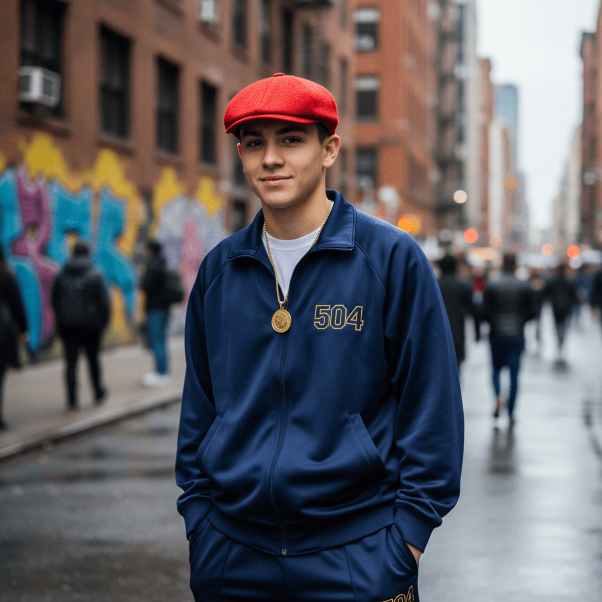Model in a bold red wool flat cap and navy tracksuit on a city street.