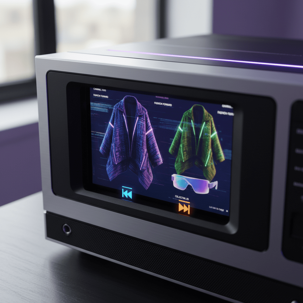 Futuristic fashion gallery displayed on a vintage VCR interface with digital channel surfing.