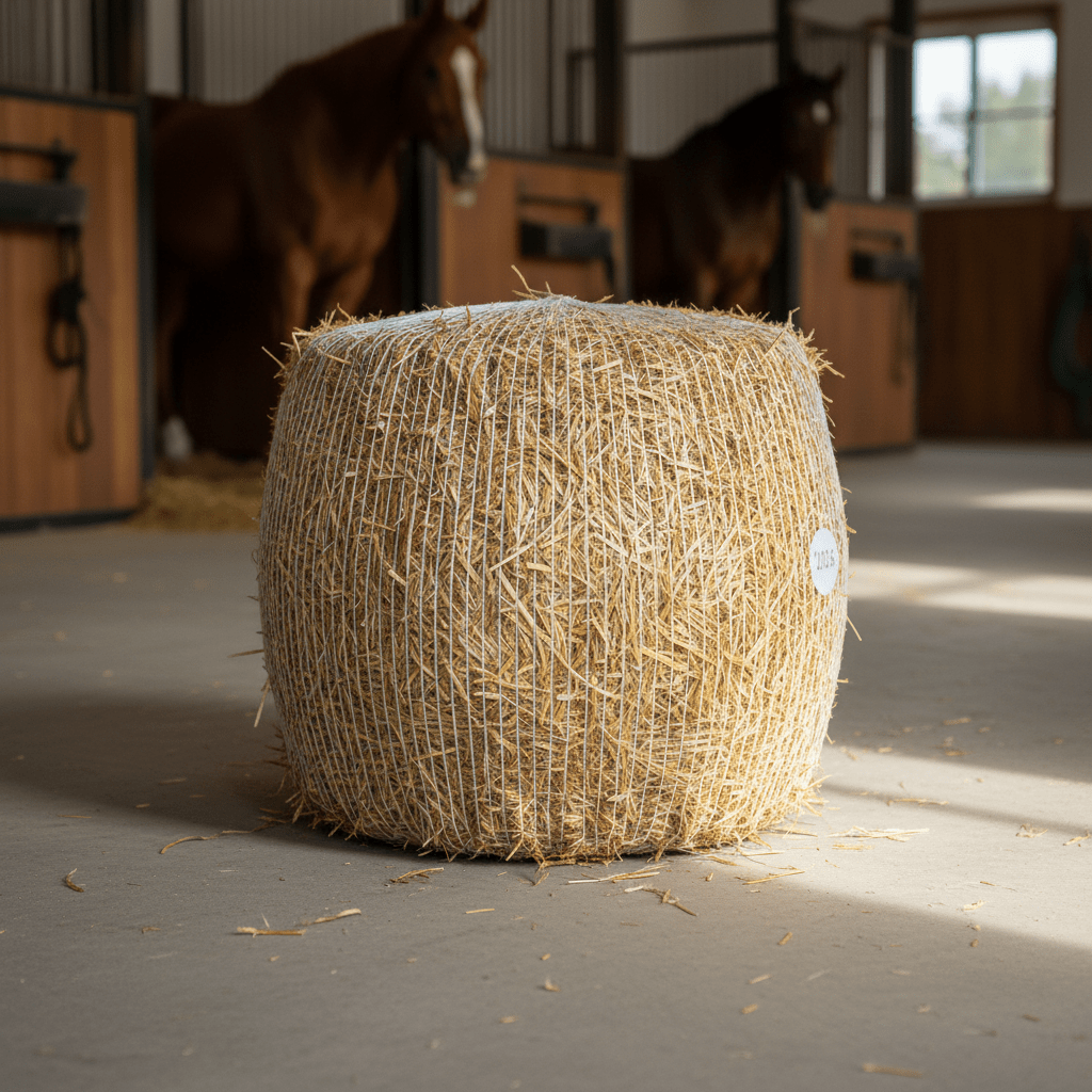 Golden mini hay bale tightly wrapped in fine mesh netting on clean barn flooring.