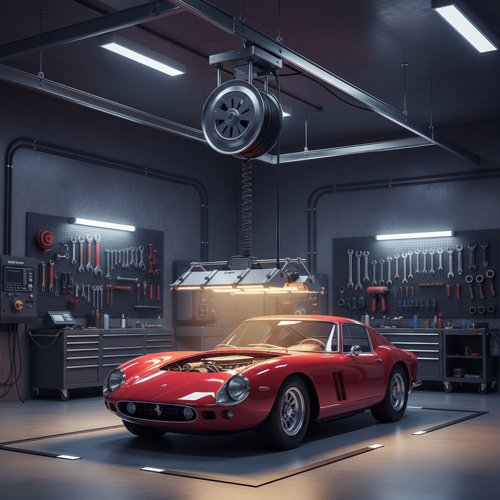 High-tech garage with LED lights inspecting a vintage sports car on steel reels.